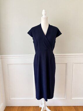 The Fold Navy Cap Sleeve Wrap Neck Sheath Dress US 8 UK 12